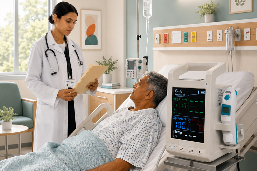 Patient lying in a hospital bed while a bedside vital signs monitor displays heart rate and other health metrics, with a healthcare professional blurred in the background reviewing a clipboard.