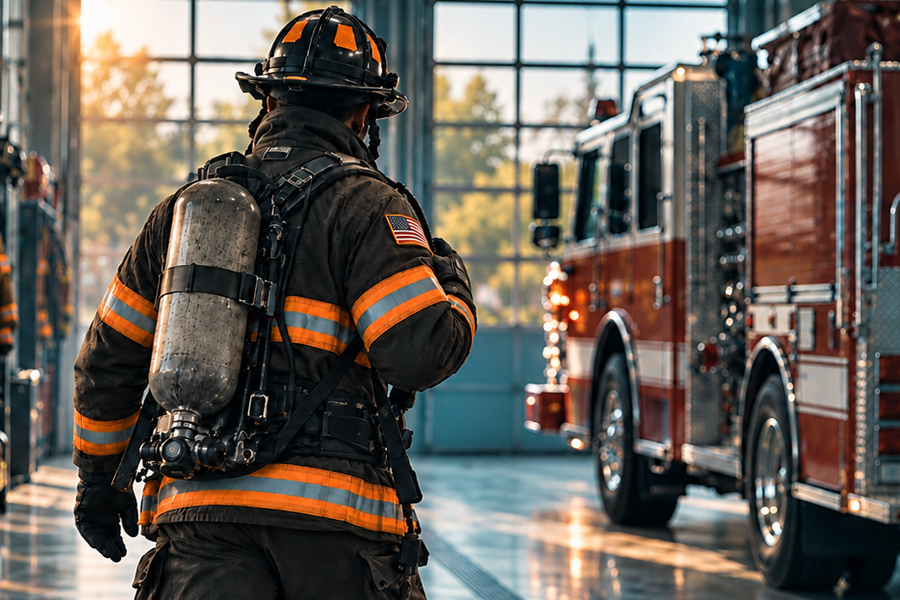 Firefighter in full turnout gear walking toward a fire engine inside a fire station