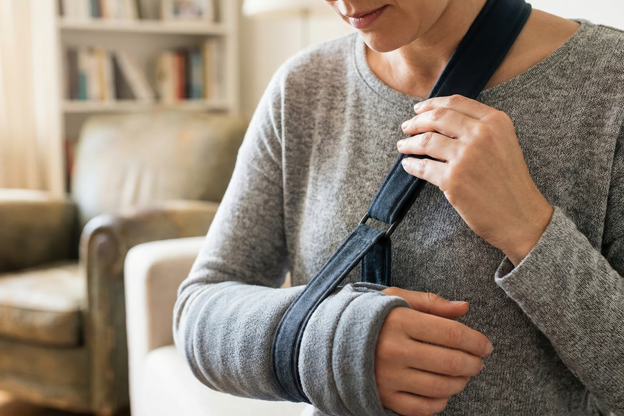 Person wearing an arm sling while recovering from an injury.
