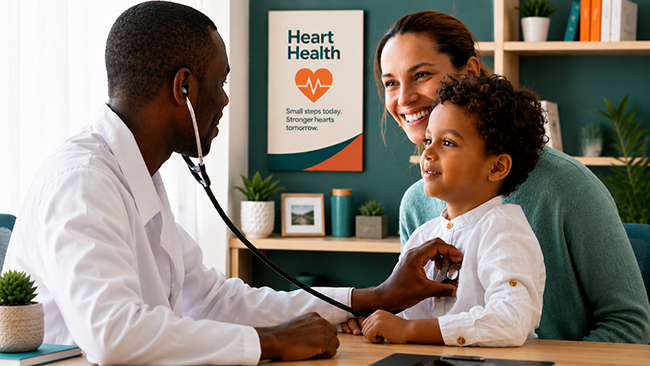 Doctor listening to a young child's heartbeat with a stethoscope while a parent looks on during a medical checkup.