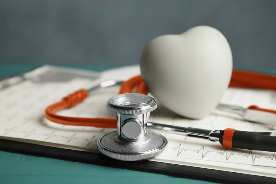 Stethoscope resting on a medical chart beside a heart-shaped model and a pen.