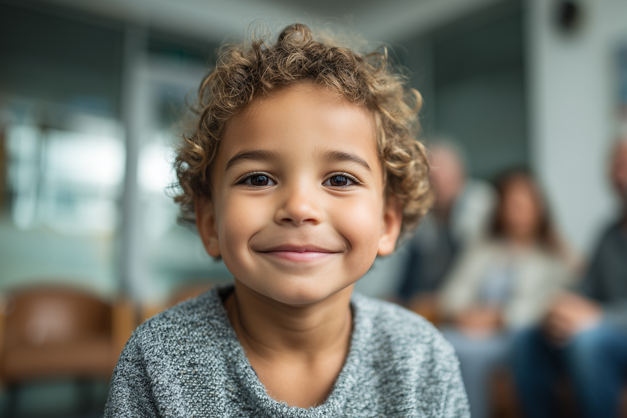 Smiling young child with family members in the background.