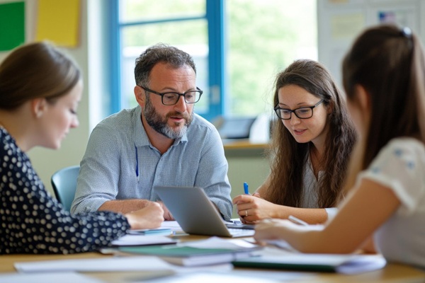 Agent speaking with educators in classroom