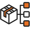 Minimalist technology alignment icon featuring two orange square nodes connected by a bent orange line on a transparent background. The design suggests system integration, connectivity, alignment, or coordinated technology components.