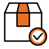 Icon showing a simplified orange product box above a circular badge with an orange border and a gray checkmark. The design represents a product-only offering, approved product selection, or a standalone product solution.