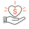 Hand holding a white heart with an orange dollar sign in the center, symbolizing charitable donations, financial support, fundraising, or giving. Orange accent lines around the heart emphasize care and generosity.
